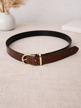 Halogen Womens Reversible Crocodile Embossed Belt Size L Brown Black Gold Buckle
